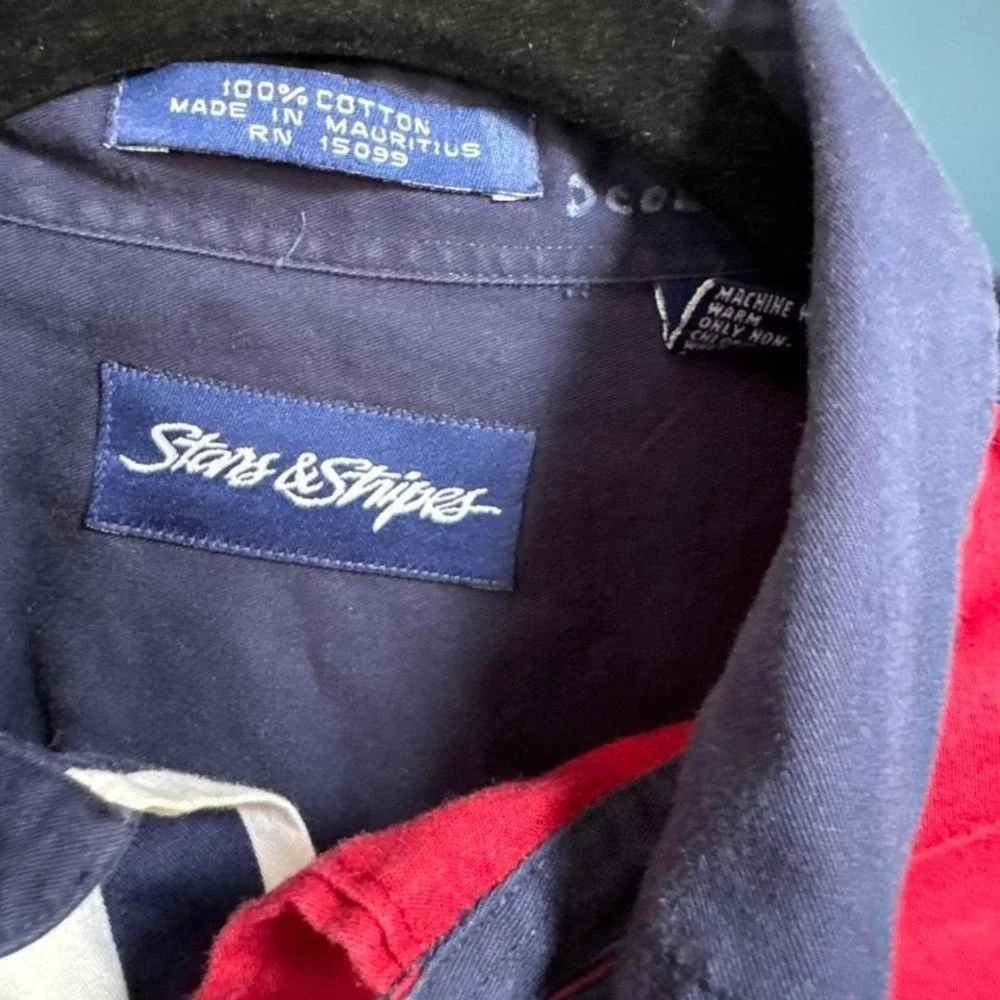 Vintage 90s Colorblock Shirt Men's Size Medium Stars And Stripes Navy Red Retro - Picture 5 of 8